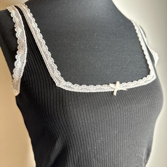 Honey Dew Fine Rib Lace Trim Tank Top Cami Square Neck Black Size S Soft Comfy - Picture 6 of 8